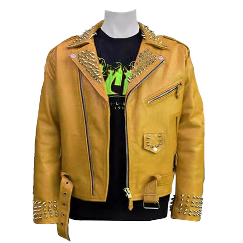 Men’s Orange Spiked Biker Leather Jacket