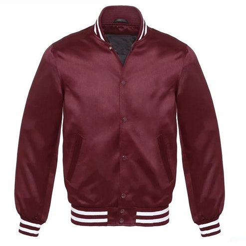 Maroon Majesty Satin Varsity Jacket – White Trim