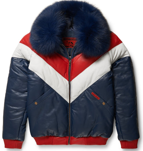Premium Two-Tone V-Bomber Leather Jacket – Bold & Stylish