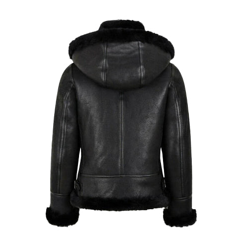 Women's B3 Hooded Black Shearling Bomber Jacket