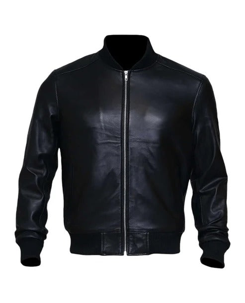 Men’s Classic Black Lambskin Leather Bomber Jacket