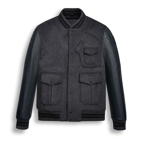 Men’s Black Wool & Leather Varsity Bomber Jacket