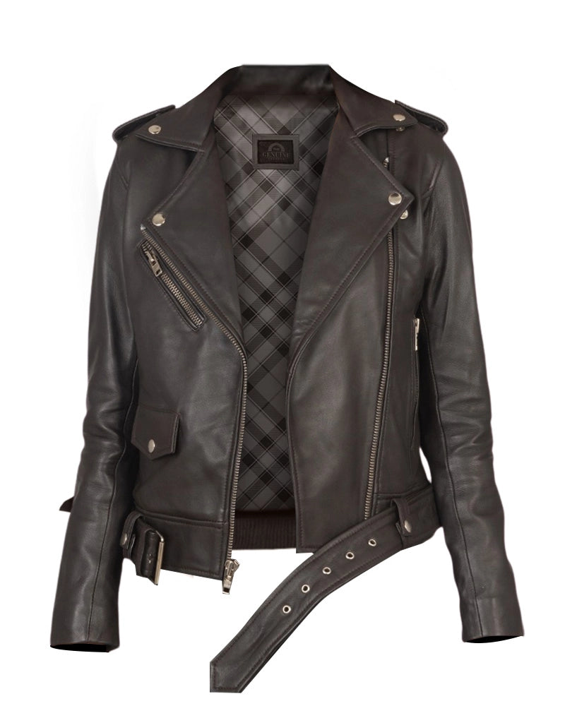Women’s Alison Brown Leather Biker Jacket – Chic & Durable