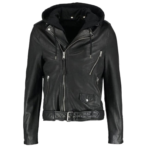 Men’s Lupe Black Leather Jacket with Removable Hood