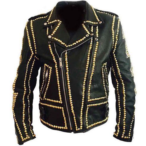 Men’s Black Punk Spiked Leather Jacket – Gold Studded Edition