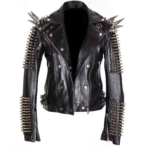 Men’s Black Longline Leather Jacket with Silver Spikes