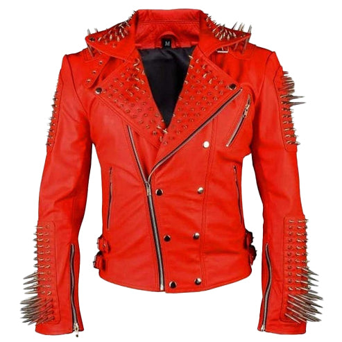 Men’s Red Studded Biker Leather Jacket