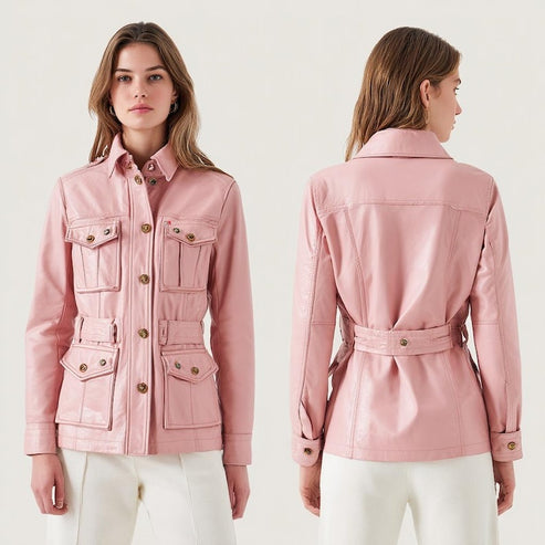 Bravo Bros Women’s Pink Leather Utility Jacket – Belted Military Style