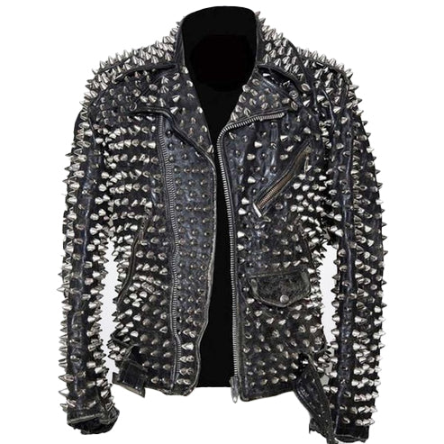 Men’s Black Punk Metal Motorcycle Leather Jacket
