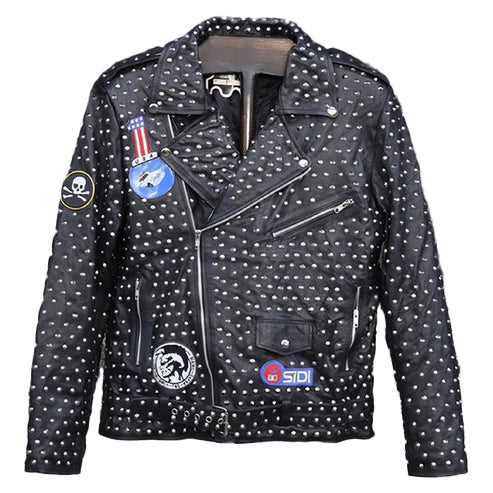 Men’s Full Studded Leather Jacket with Embroidered Patch