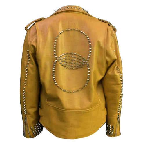 Men’s Orange Spiked Biker Leather Jacket