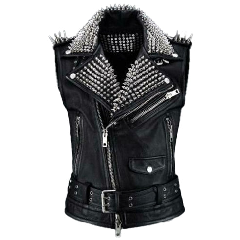 Men’s Black Punk Spiked Studded Leather Vest Jacket – Handmade