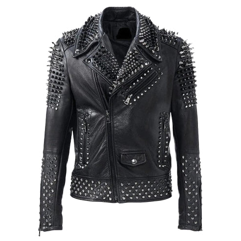 Men’s Black & Silver Studded Motorcycle Leather Jacket