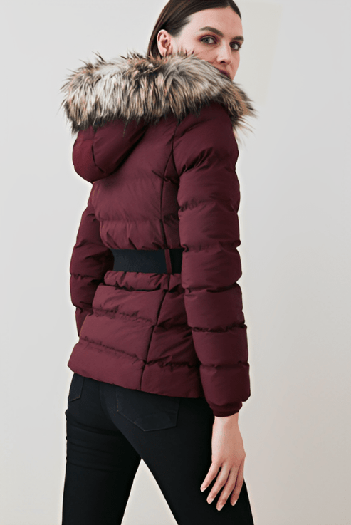 Women’s Ox Red Puffer Jacket with Fur Collar – Bold Winter Style by Bravo Bros