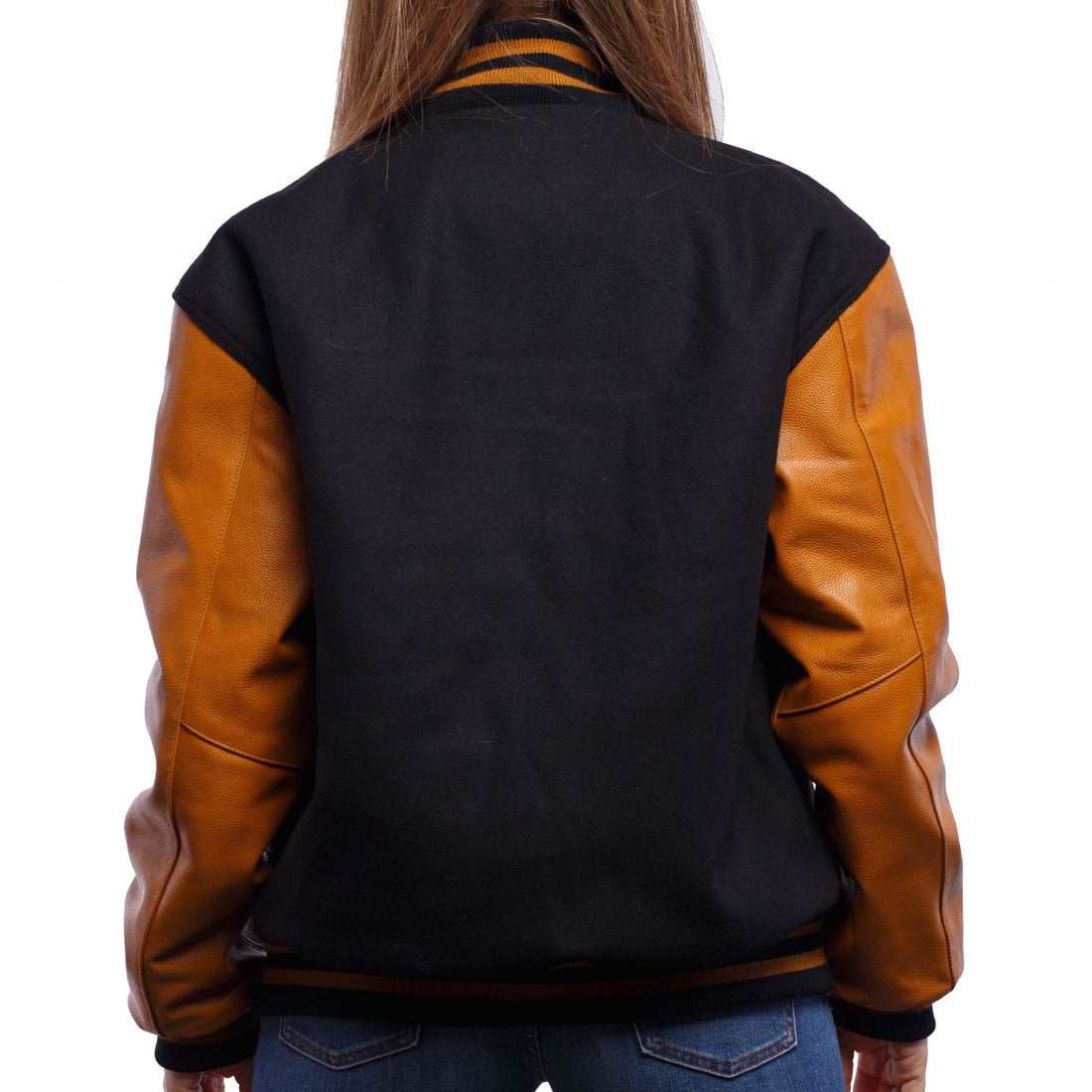 Women’s Black & Brown Varsity Leather Bomber Jacket – Premium Street Style
