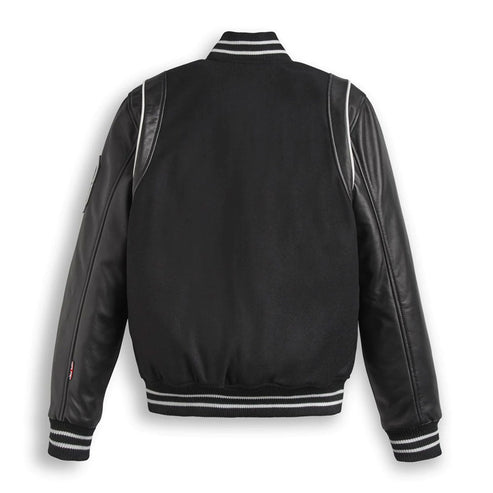 Men’s Black Varsity Bomber Leather Jacket with Stripes