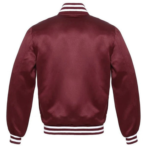 Maroon Majesty Satin Varsity Jacket – White Trim