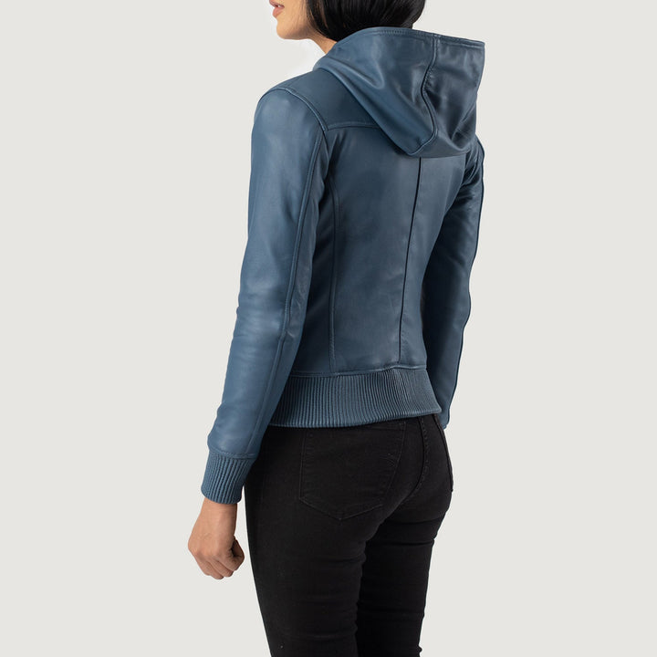 Women’s Blue Hooded Leather Bomber Jacket – Modern Urban Style