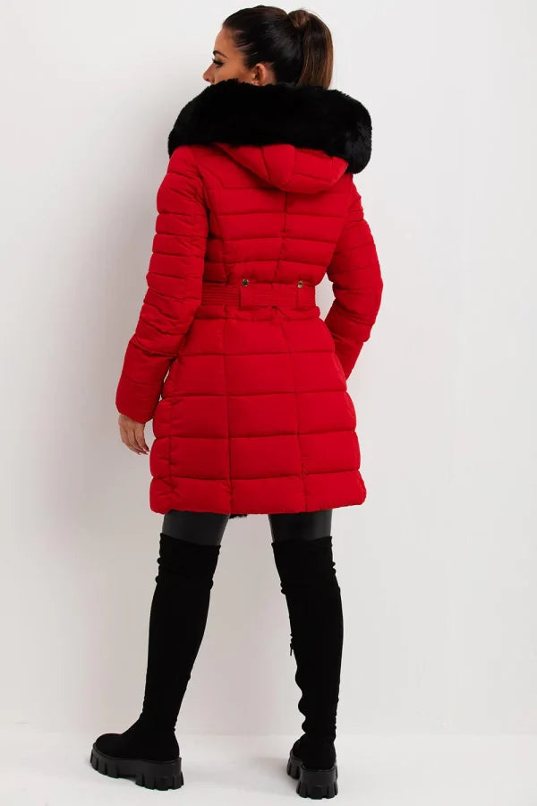 Women’s Red Winter Coat with Fur Hood – Chic Warmth by Bravo Bros