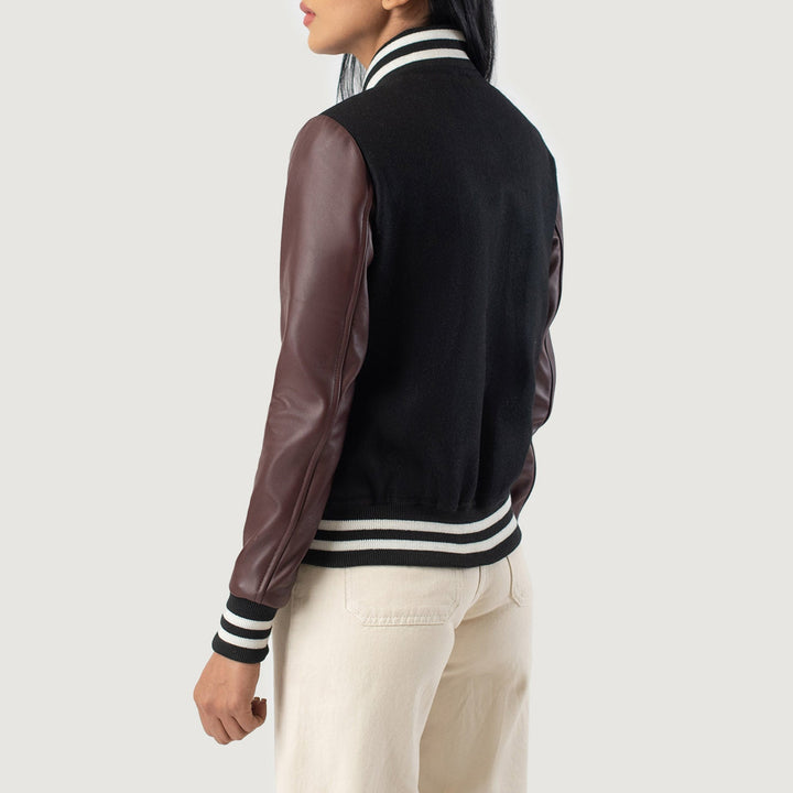 Women’s Maroon & Black Hybrid Varsity Jacket – Sporty Chic Style