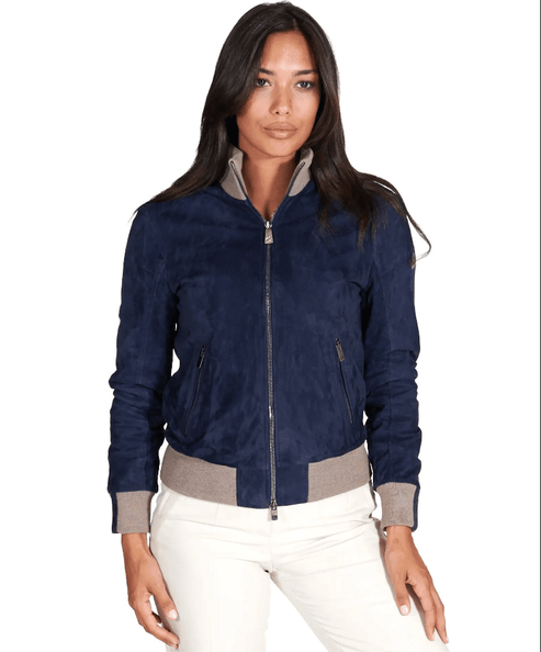 Women’s Royal Blue Suede Bomber Jacket – Premium Leather Style