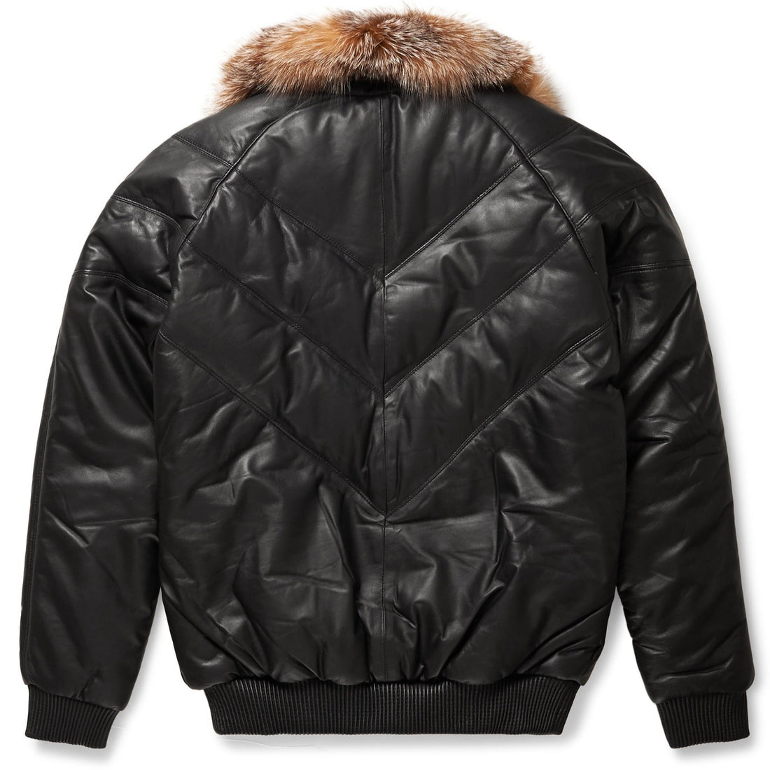 Premium Black V-Bomber Leather Jacket with Crystal Fox Fur – Luxury Edition
