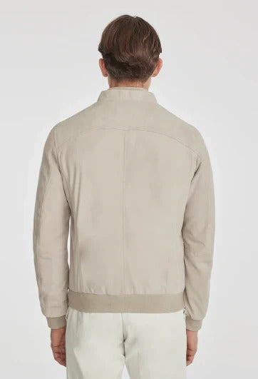 Men’s Off-White Suede Bomber Jacket – Minimalist Leather Jacket