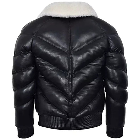 Men’s Black V-Bomber Puffer Leather Jacket with White Fur – Premium & Warm