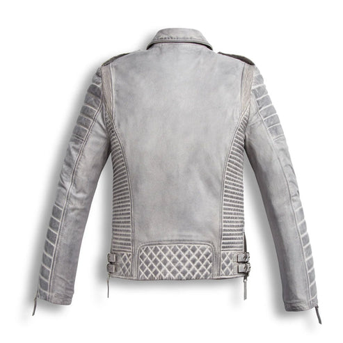 Men’s White Waxed Leather Biker Motorcycle Jacket – Chrome Finish