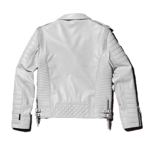 Men’s White Pearl Leather Biker Jacket – Bold & Stylish