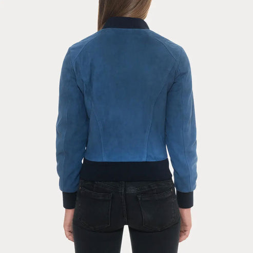 Women’s Blue Suede Bomber Jacket – Black Rib Knit Collar & Cuffs