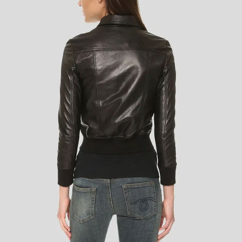 Halle Black Leather Bomber Jacket with Shirt Collar – Classic & Modern