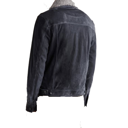 Men’s Navy Suede Leather Trucker Jacket with Fur Collar
