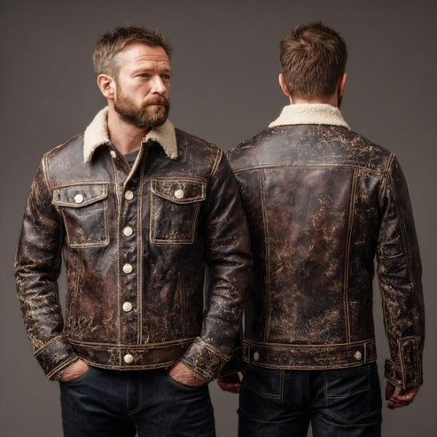 Bravo Bros Men’s Distressed Brown Leather Jacket with Shearling Collar