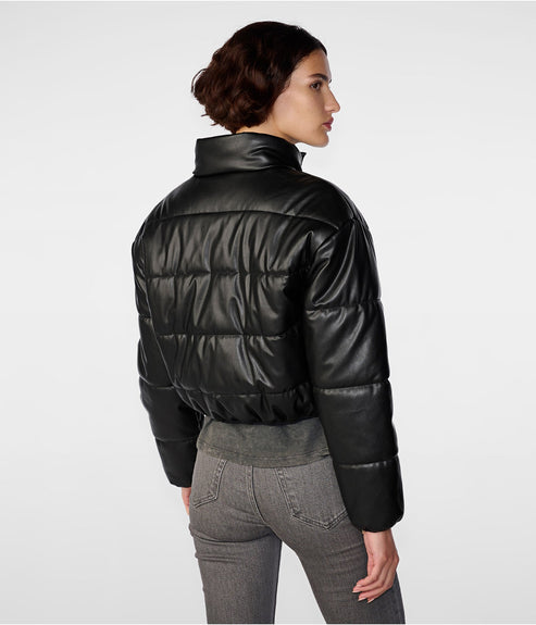 Women’s Black Leather Puffer Jacket – Modern Cozy Style by Bravo Bros