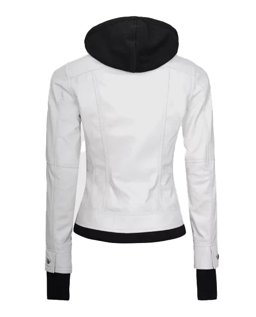 Women’s White Leather Jacket with Removable Hood