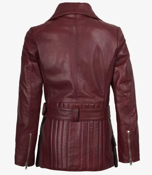 Women’s Maroon Asymmetrical Belted Leather Biker Jacket