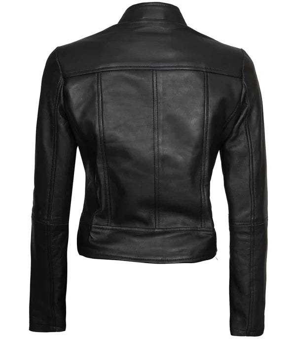 Women’s Black Café Racer Leather Motorcycle Jacket – Sleek Moto Style by Bravo Bros
