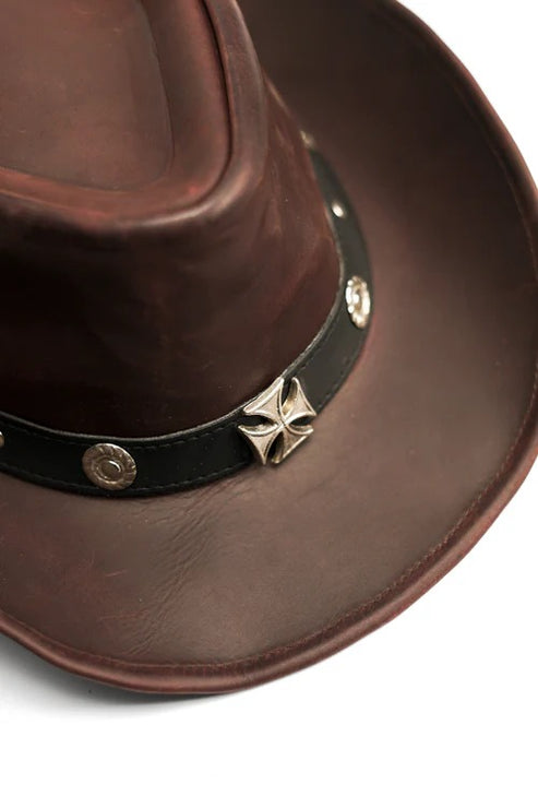 Bravo Bros Burgundy Brown Premium Western Leather Cowboy Hat with Studded Band