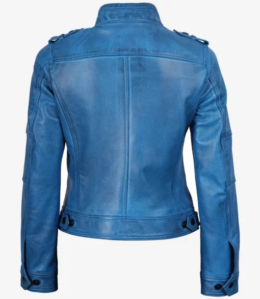 Women’s Blue Waxed Lambskin Leather Biker Jacket