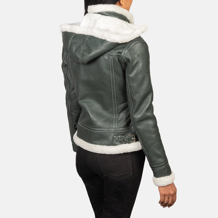 Women’s Fiona Green Hooded Shearling Leather Jacket – Winter Luxe Style