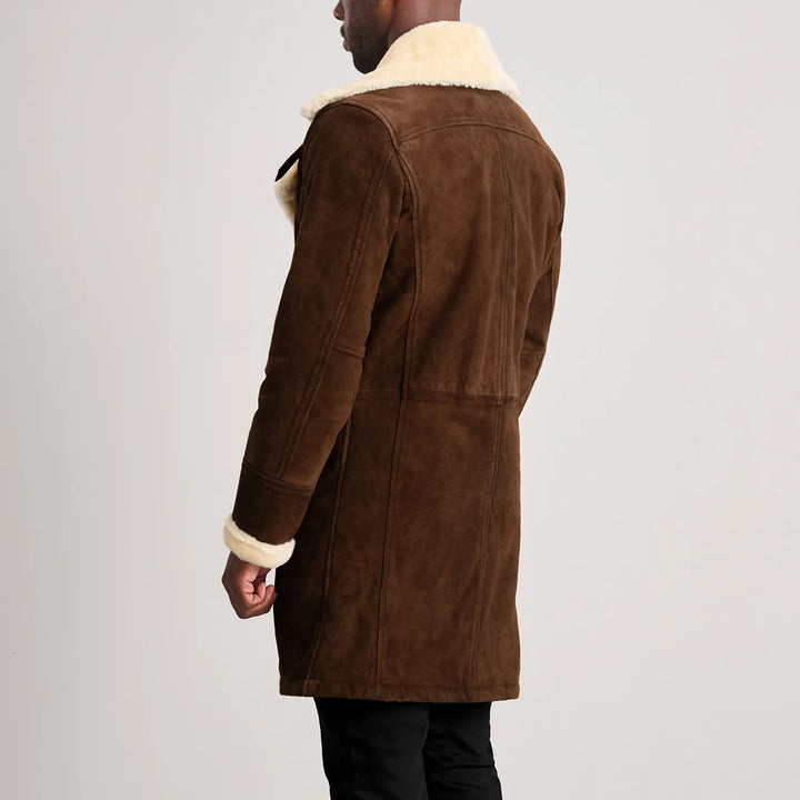 Bravo Bros. Charles Brown Suede Leather Shearling Double-Breasted Coat – Premium Winter Luxury
