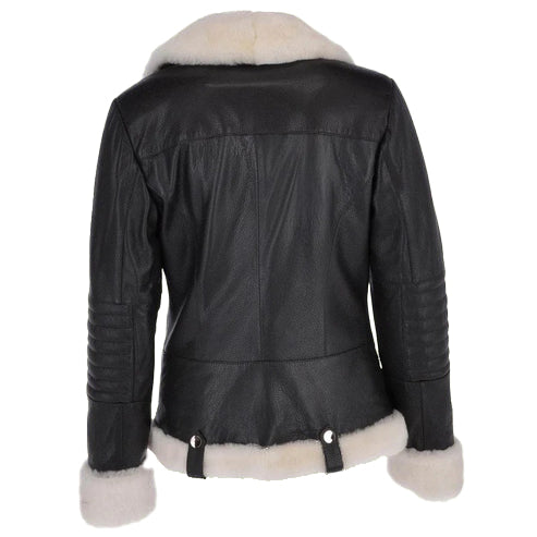 Women’s Black Shearling Biker Leather Jacket with White Fur Lining