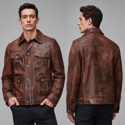 Bravo Bros Men’s Vintage Distressed Brown Leather Button-Up Jacket