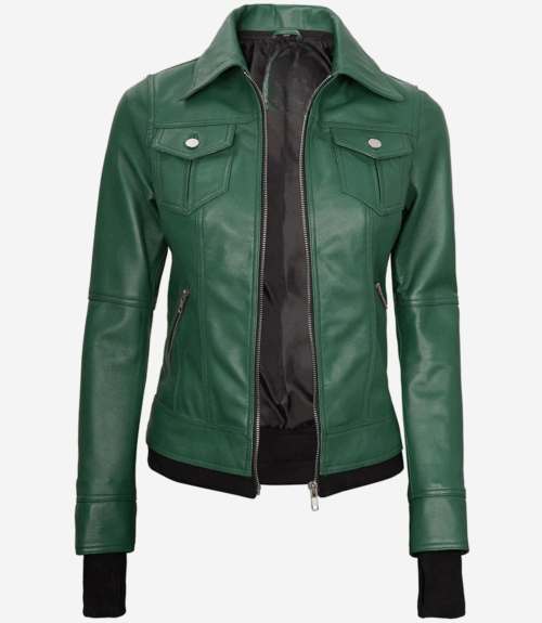 Women’s Green Leather Bomber Jacket