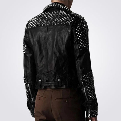 Men’s Punk Studded Leather Jacket – Silver Spike Rebel Style