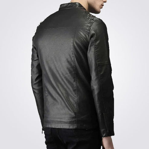 Men’s Studded Biker Leather Jacket – Tab Collar Rider Style