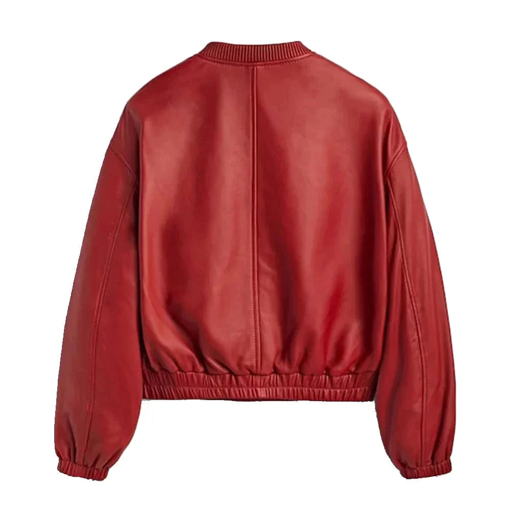 Women’s Red Leather Bomber Jacket – Bold Urban Luxury Style