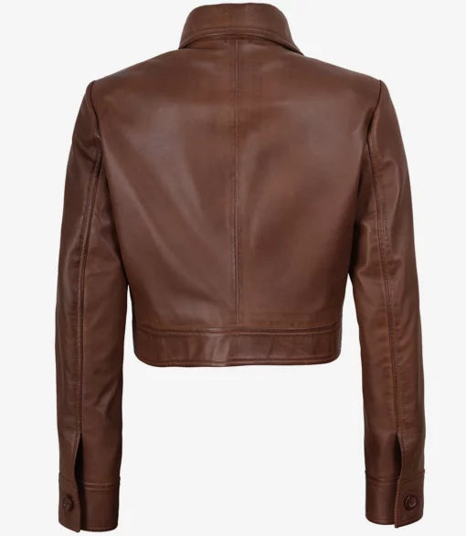 Women’s Cropped Brown Leather Trucker Jacket