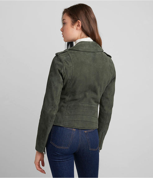 Women’s Olive Suede Leather Moto Jacket – Modern Moto Chic